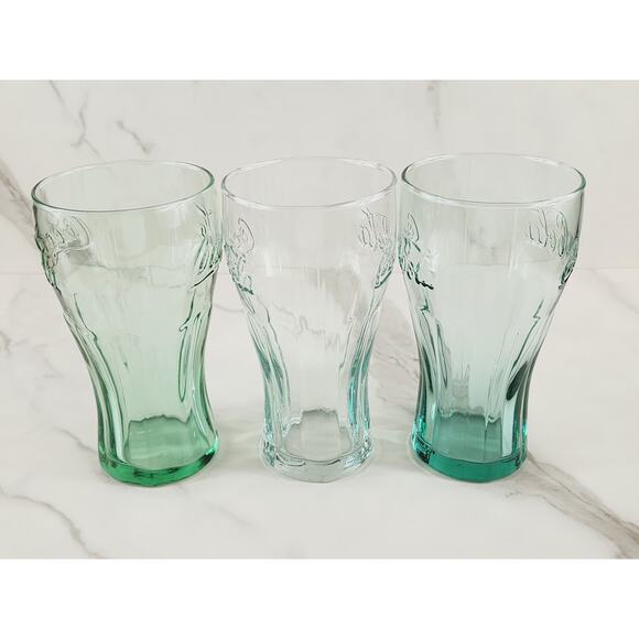 Coca Cola Libbey Drinking Glasses 16z Embossed Logo 6" Green White Blue x3 - Picture 5 of 14